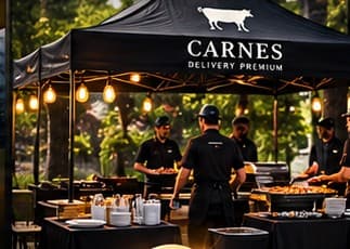 Instalación de carpa y equipos de Carnes Delivery Premium en un evento