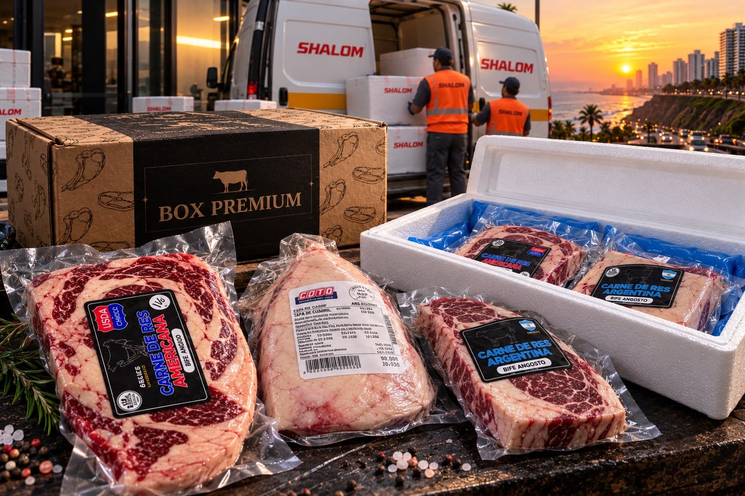 Furgón de reparto cargando pedidos, caja Box Premium y cortes premium empacados al vacío listos para entrega