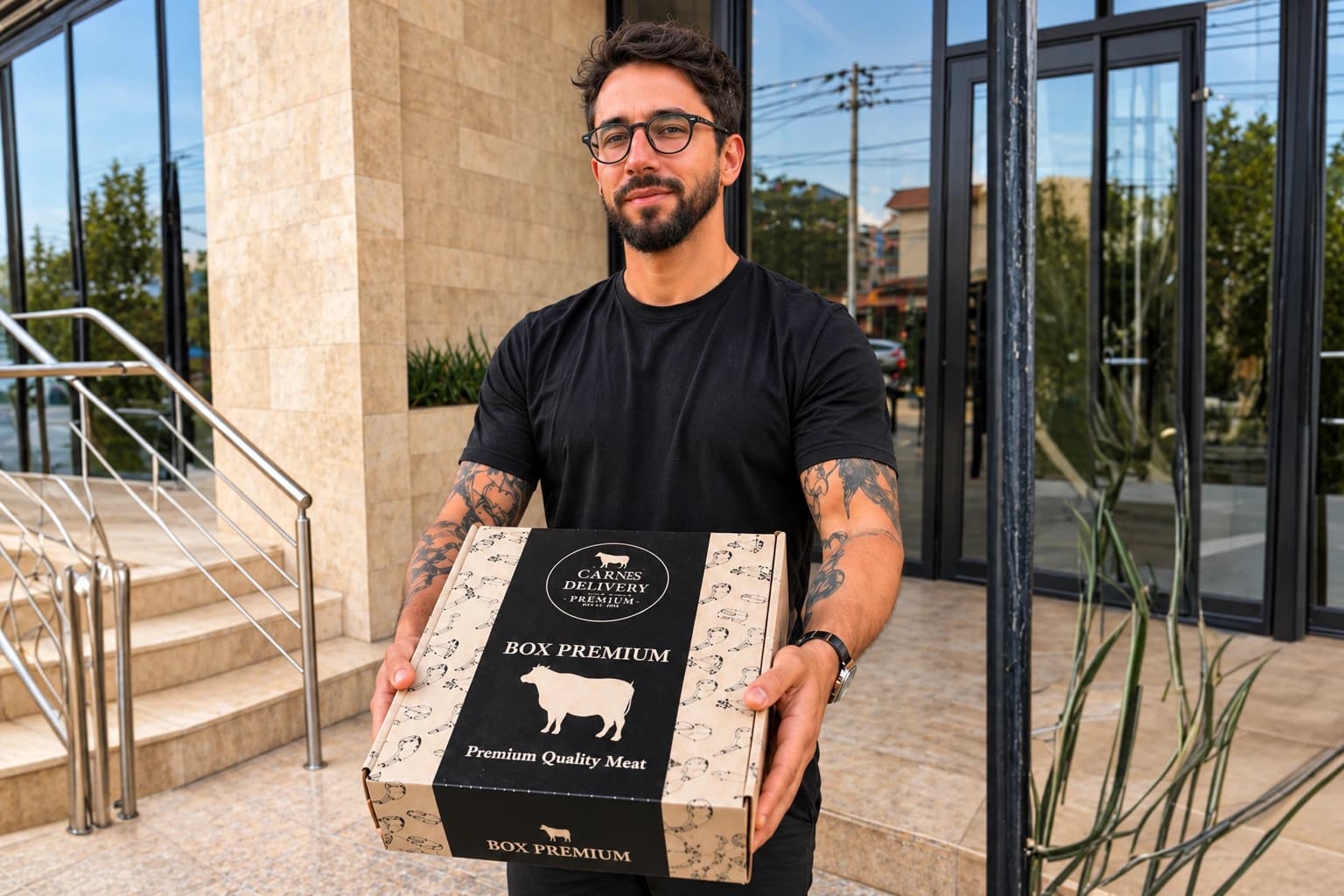 Repartidor sosteniendo una caja Box Premium de carnes frente a la fachada de un edificio