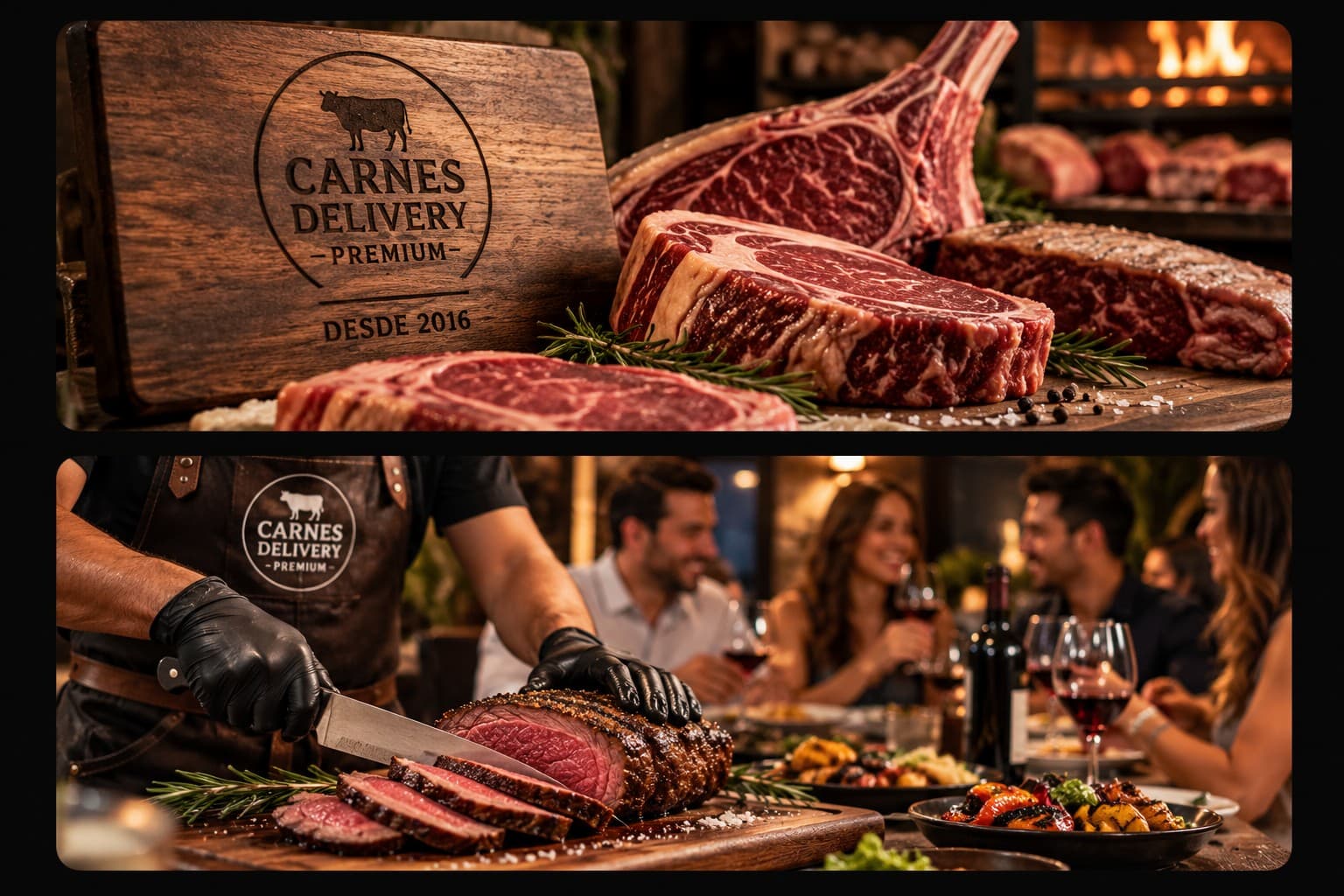 Cortes premium Carnes Delivery Premium desde 2016, y parrillero sirviendo carne a comensales
